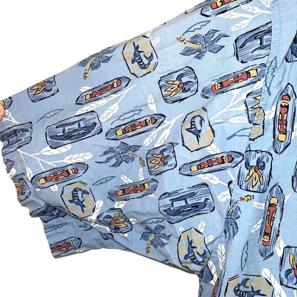 OP Sport Tiki Print Shirt Mens Size Large L Vintage Button Up Pure Cotton Blue - Picture 3 of 11